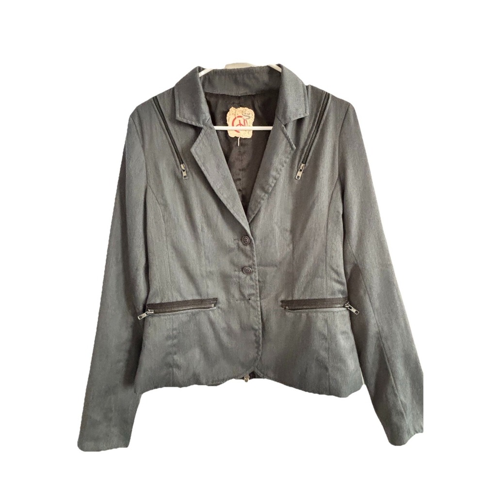 Chor Women's Small Moto Jacket Blazer Gray 3-Button Zippers Wool Blend